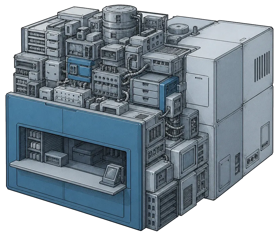 A modular assembly with a clean shopfront panel on its front face and a dense stack of catalogue, payment and fulfilment modules behind it