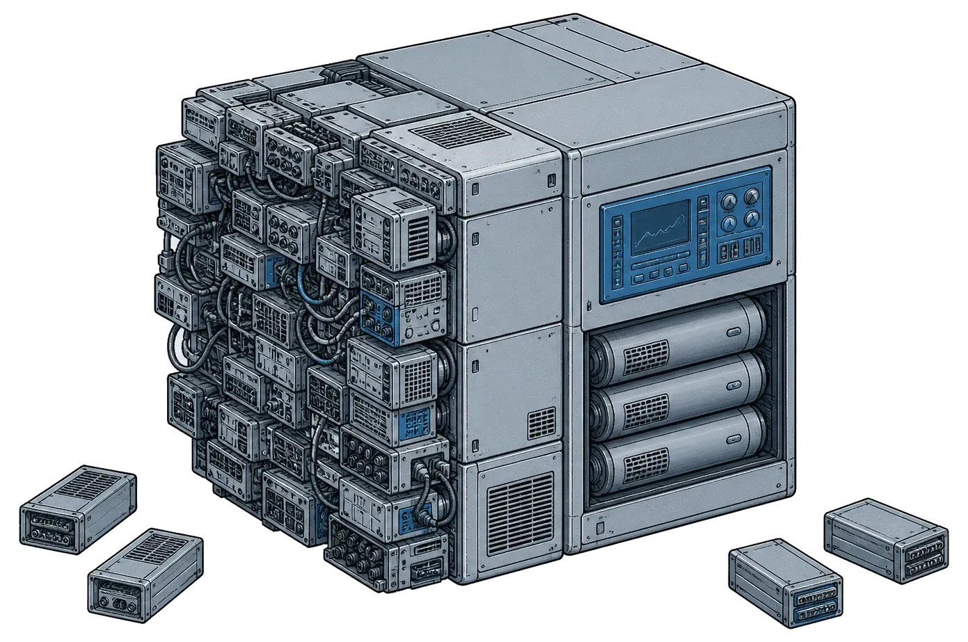 A modular rack: a crowded field of small duplicated service units giving way to three large clean chassis modules, duplicates set aside