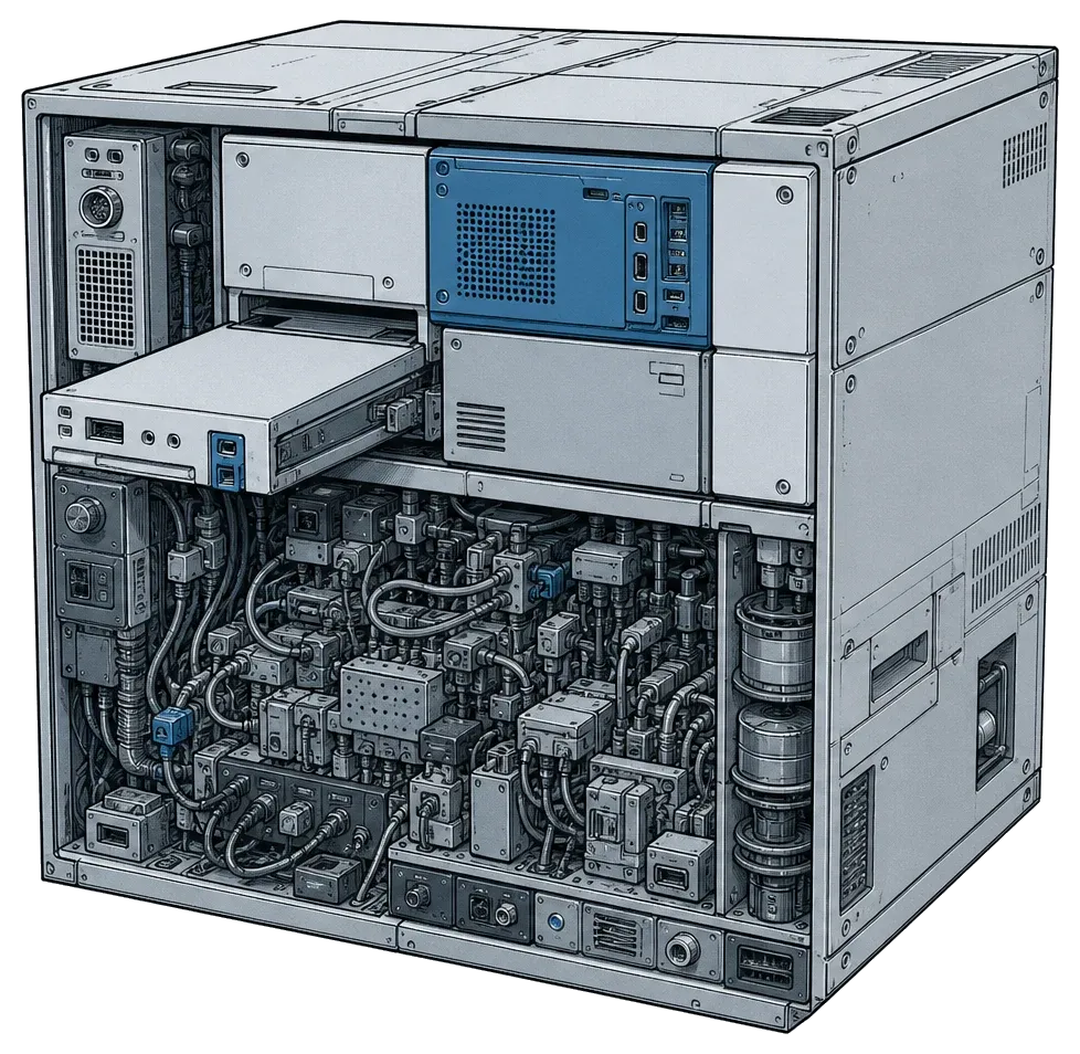 An open modular cabinet: improvised parts and jumper cables on the lower shelves, precisely fitted modules above, one panel half-slid into its bay