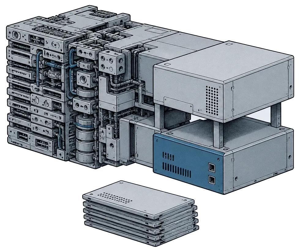 A modular block, tall and dense with redundant thin layers on one side, short and light on the other, with the removed layer-plates stacked below
